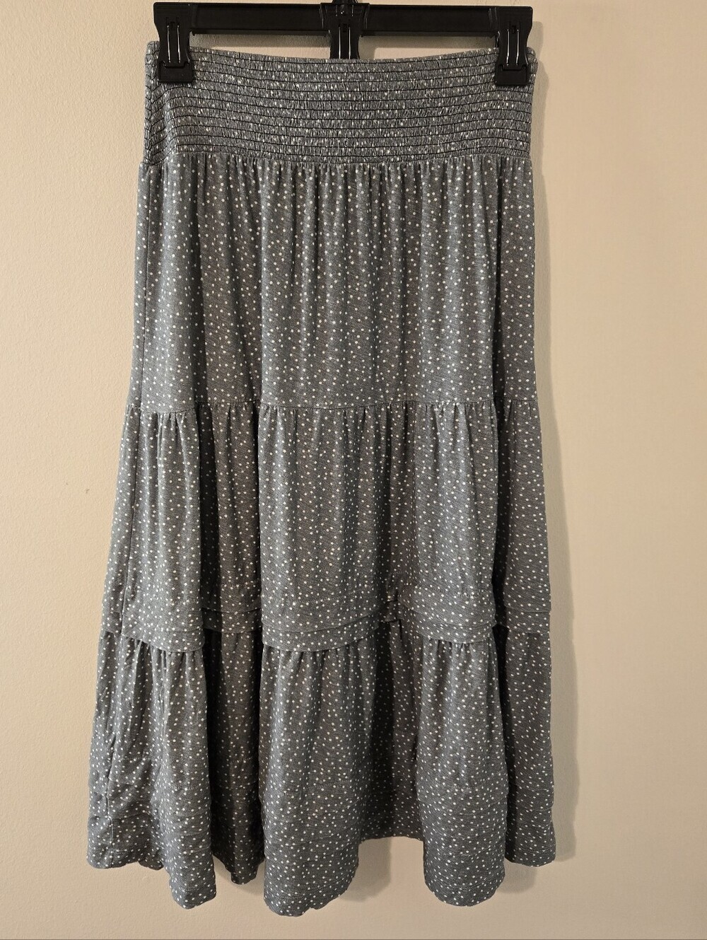 Nation XS Gray White Polka Dot Tiered Maxi Skirt Smocked Waist Boho - Picture 1 of 4